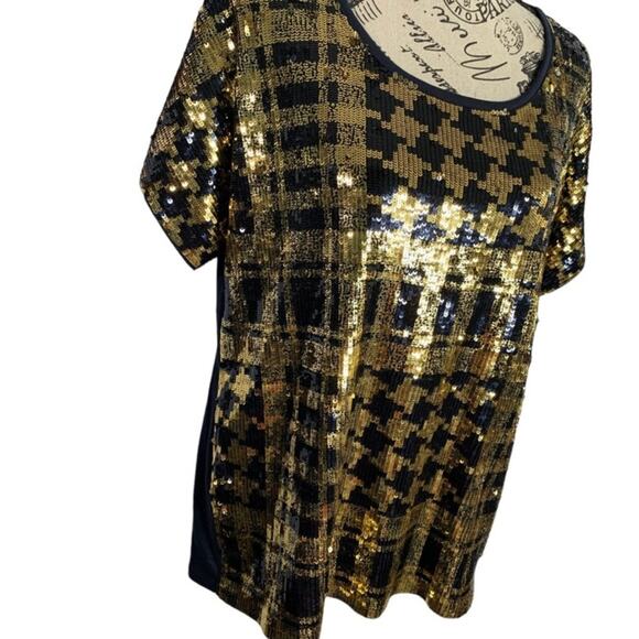 Michael Kors Women's Size Medium Blouse Black & Gold Sequins Holiday Christmas - Picture 11 of 12